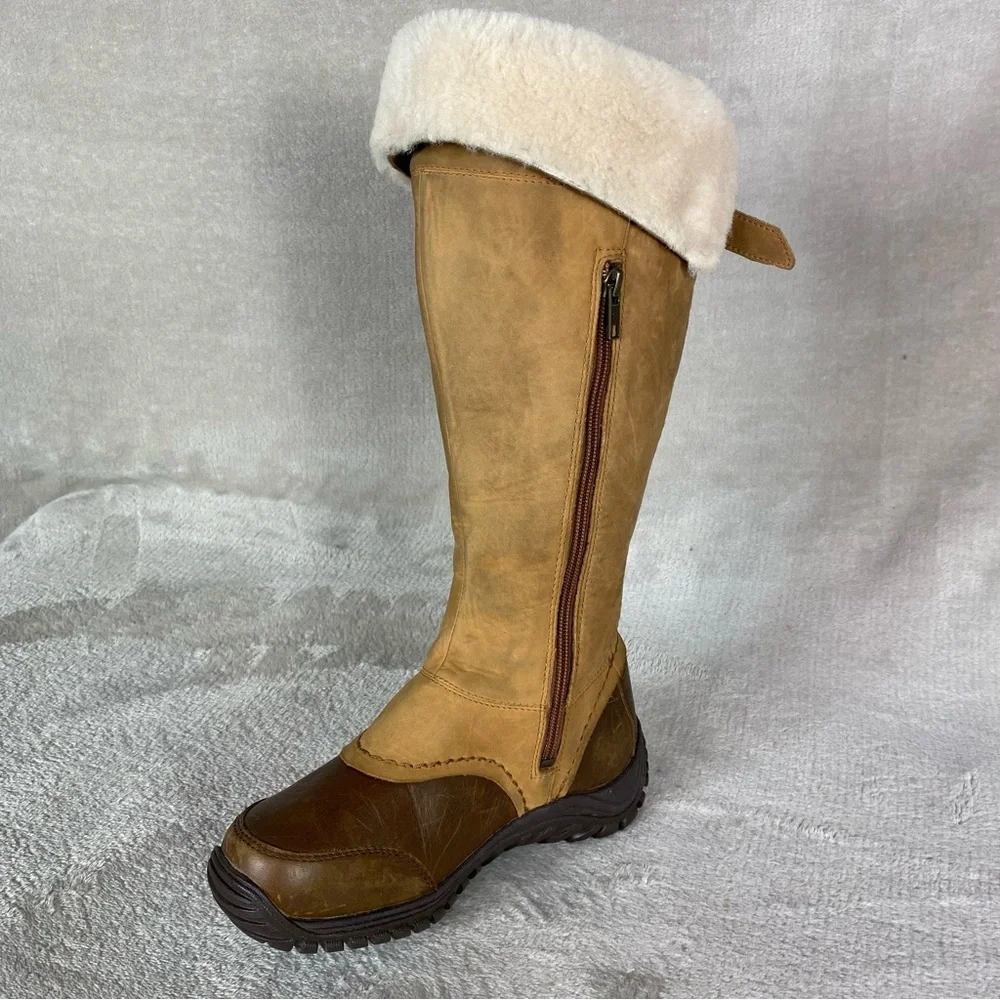 UGG Miko Tall Boots Womens Size 5 Brown Shearling Lined Leather Zip Vibram‎
